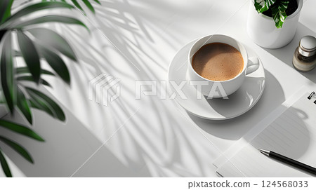 Coffee cup on saucer, white table. Drinkware, dishware, serveware 124568033