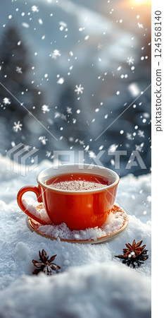 Teacup rests on saucer in winter, surrounded by snow Teacup rests on saucer in winter, surrounded by snow 124568140