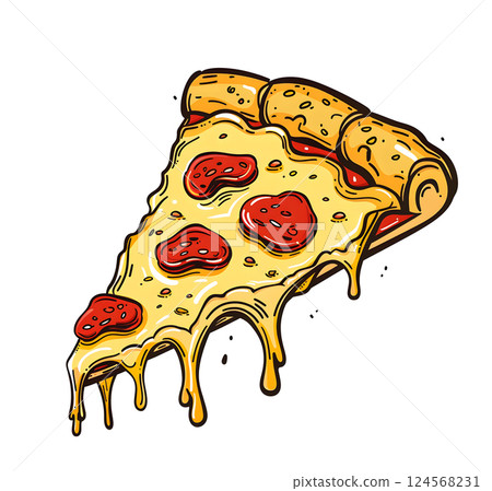 Cheesy Pepperoni Pizza Slice with Melting Cheese Illustration Cheesy Pepperoni Pizza Slice with Melting Cheese Illustration 124568231