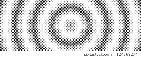 Halftone circle background. Radial comic target texture. Black and white dotted circular gradient. Fading dot epicenter wallpaper concept. Vector grunge rough round pop art rasterized backdrop 124568274