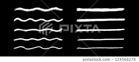 Straight and wavy chalk line set. Thin to thick sketch brush stroke collection. Rough paint curved stripes for highlight, underline, emphasis. Vector hand drawn white crayon chalk strips 124568278