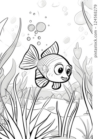 A monochromatic cartoon illustration of a fish swimming in the ocean 124568279