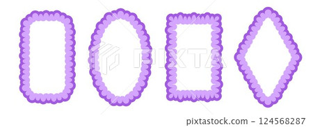 Cute frill pattern frame set. Purple scalloped ellipse and rectangle border collection. Wavy lace edge shape in rococo style for decoration, text box, copy space. Wiggly coquette element pack. Vector 124568287