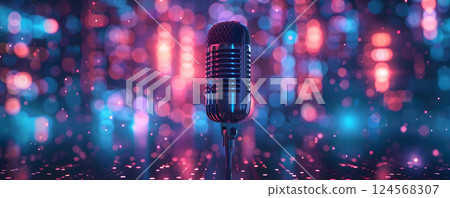 A microphone stands before a vibrant backdrop of Purple and Magenta colors A microphone stands before a vibrant backdrop of Purple and Magenta colors 124568307