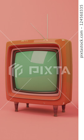 A retro orange TV on pink background with antennas for nostalgia 124568335