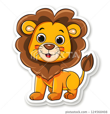 Cute Cartoon Lion with Brown Mane and Happy Expression 124568408