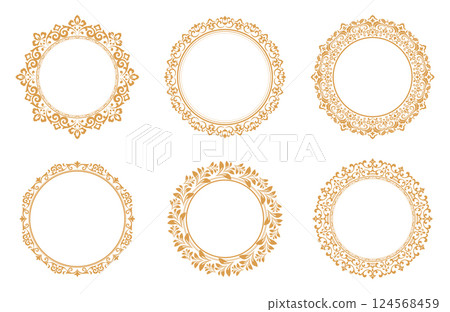 Set of decorative frames Elegant vector element for design in Eastern style, place for text. Floral golden and white borders. Lace illustration for invitations and greeting cards Set of decorative frames Elegant vector element for design in Eastern style, place for text. Floral golden and white borders. Lace illustration for invitations and greeting cards 124568459