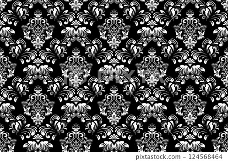 Floral pattern. Seamless vector background. Vintage wallpaper in the Baroque style. White and black ornament for fabric, wallpaper, packaging. Ornate Damask flower illustration. Floral pattern. Seamless vector background. Vintage wallpaper in the Baroque style. White and black ornament for fabric, wallpaper, packaging. Ornate Damask flower illustration. 124568464