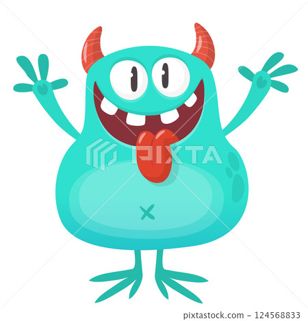 Funny cartoon monster character. Illustration of cute and happy alien creature for Halloween party decoration or package design. Vector isolated 124568833