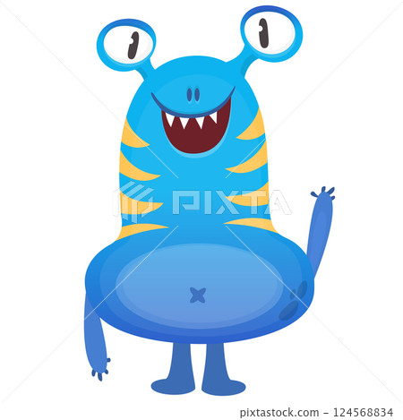 Funny cartoon monster character. Illustration of cute and happy alien creature for Halloween party decoration or package design. Vector isolated 124568834
