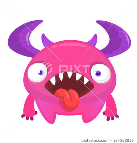 Funny cartoon monster character. Illustration of cute and happy alien creature for Halloween party decoration or package design. Vector isolated 124568836