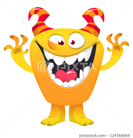 Happy cartoon monster with funny face expression. Halloween vector illustration. Character design for package or party decoration 124568869