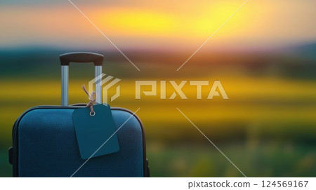 Lonely suitcase with travel tag set against beautiful sunset in nature landscape background 124569167