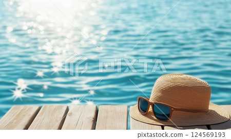 Sun Hat and Sunglasses on Wooden Dock by Sparkling Blue Water for Relaxation and Summer Vibes 124569193