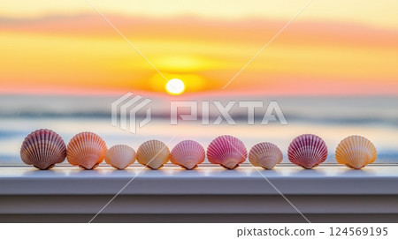 Beautiful Seashells in a Row Against a Stunning Sunset Over the Ocean Horizon at Golden Hour 124569195