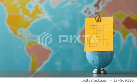Colorful World Map Background with Globe and Sticky Note for Planning, Ideas, and Learning Activities Colorful World Map Background with Globe and Sticky Note for Planning, Ideas, and Learning Activities 124569196