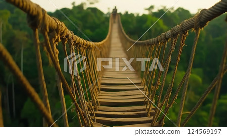 Wooden Suspension Bridge Surrounded by Lush Green Forest and Scenic Landscape in Tranquil Nature Setting 124569197