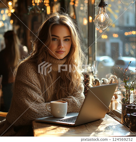 Woman Working on a Laptop in a Bright Café Woman Working on a Laptop in a Bright Café 124569252