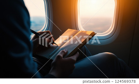 Person Writing in Notebook While Sitting by Airplane Window During Sunset with Scenic View Outside Person Writing in Notebook While Sitting by Airplane Window During Sunset with Scenic View Outside 124569378