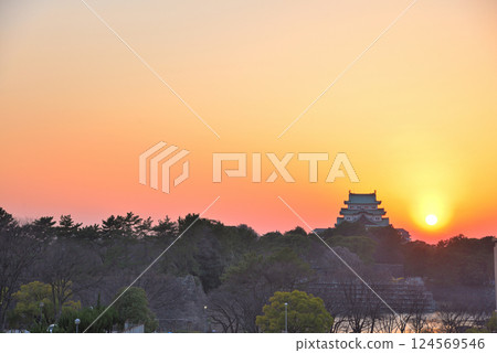 愛知縣夕陽下的名古屋城塔 124569546