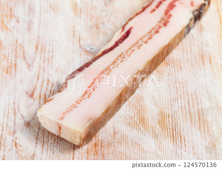 Appetizer salted pork bacon at wooden background Appetizer salted pork bacon at wooden background 124570136