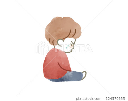 Crying and sulking boy - watercolor 124570635