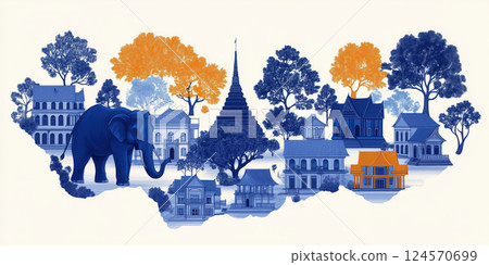 Thailand map illustration with iconic landmarks, temples, and elephant in vibrant colors Thailand map illustration with iconic landmarks, temples, and elephant in vibrant colors 124570699