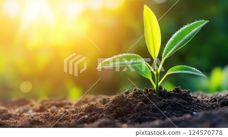 Young Plant Growing in Fertile Soil with Morning Dew Under Soft Sunlight in a Vibrant Nature Setting 124570778