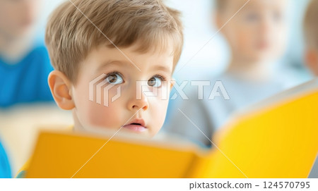 Curious young boy reading a bright yellow book in a classroom setting filled with other children around him 124570795