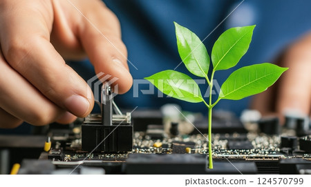 Growth of Technology and Nature Symbolizing Sustainability with Hands Working on Circuit Board and Plant 124570799