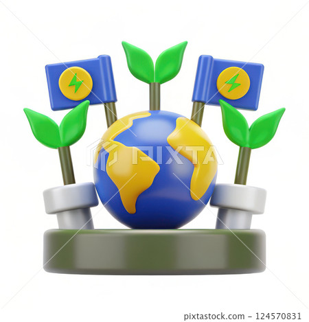 Colorful Globe Surrounded by Eco-Friendly Banners Representing Environmental Awareness and Sustainability Movements 124570831