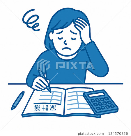 一位女士抱著頭記著家庭帳簿（查看家庭財務狀況/擔心生活開支）的插圖 124570856