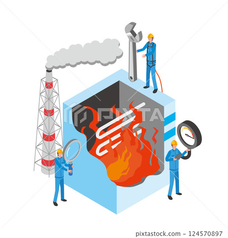 Workers inspecting a thermal power plant Workers inspecting a thermal power plant 124570897