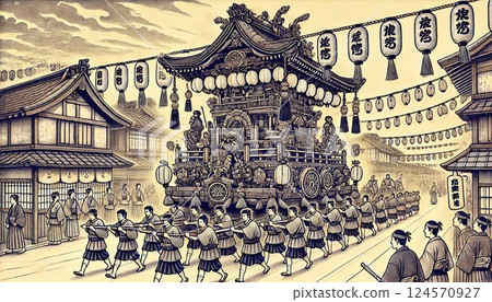 Edo festivals, colorful float processions, and period picture scroll festivals 124570927