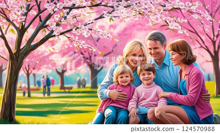 一家人在櫻花樹下賞櫻花 124570988