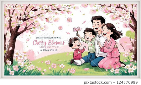 A family enjoying cherry blossom viewing under the cherry tree 124570989