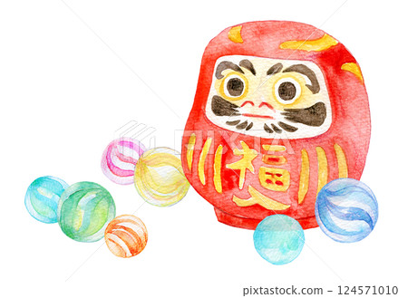 Watercolor illustration: Marbles and traditional toys, Daruma 124571010