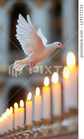 white dove gracefully flying above glowing candles in serene church interior 124571532