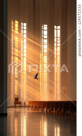 serene church interior with glowing sunlight streaming through tall windows and bird in flight 124571533