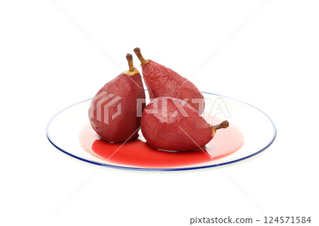 PNG, Pears in wine on plate, isolated on white background 124571584