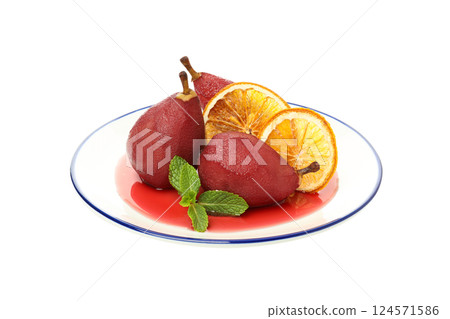PNG, Pears in wine with orange slices on plate, isolated on white background 124571586