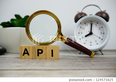Magnifying glass and alarm clock with wooden blocks alphabet letters API text message on wooden background 124571625
