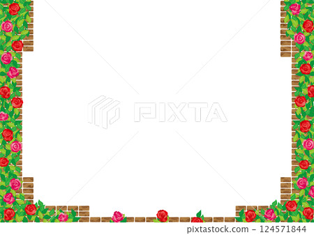 Background material <Brick wall frame, rose flowers creeping like ivy on bricks, horizontal position> Background material <Brick wall frame, rose flowers creeping like ivy on bricks, horizontal position> 124571844