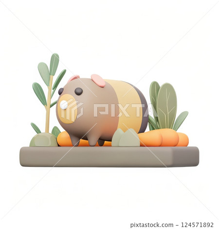 Cute guinea pig cartoon style surrounded by fresh vegetables in a playful and vibrant setting for pet lovers 124571892