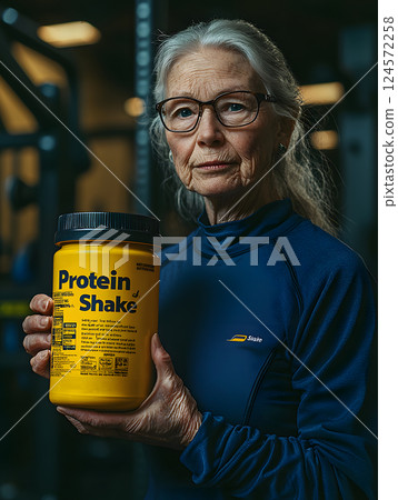 Portrait of a healthy elderly woman at the gym holding protein shake 124572258
