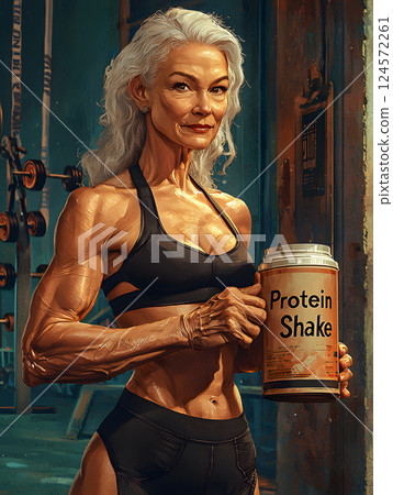 健身房裡一位健康老年婦女手持蛋白奶昔的畫像 健身房裡一位健康老年婦女手持蛋白奶昔的畫像 124572261