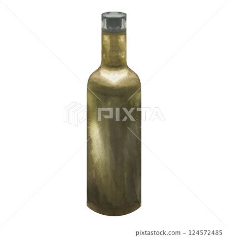 Dark glass bottle with olive oil watercolor illustration.Hand drawn isolated transparent green glass jar with black cap clipart,oil and salad sauce pot painting for menu,product packing,poster design Dark glass bottle with olive oil watercolor illustration.Hand drawn isolated transparent green glass jar with black cap clipart,oil and salad sauce pot painting for menu,product packing,poster design 124572485