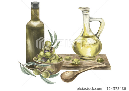 Vegan organic food composition with olives in wooden plate, olive oil glass jug and dark bottle on wooden board with spoon and floral arrangement.Italian and Greek cuisine clipart for diet book,menu Vegan organic food composition with olives in wooden plate, olive oil glass jug and dark bottle on wooden board with spoon and floral arrangement.Italian and Greek cuisine clipart for diet book,menu 124572486