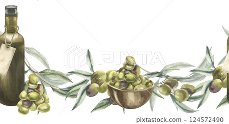 Olive branches with leaves,oil dark bottle and olives bunch in wooden plate watercolor seamless border. Floral repeated banner with Italian cuisine traditional ingredients for textile,fabric, design Olive branches with leaves,oil dark bottle and olives bunch in wooden plate watercolor seamless border. Floral repeated banner with Italian cuisine traditional ingredients for textile,fabric, design 124572490