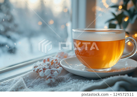 A glass cup of steaming tea on a snowy windowsill 124572511